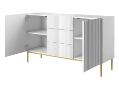 Aparador blanco con 2 puertas y 3 cajones centrales con pie de metal dorado 150x45 cm