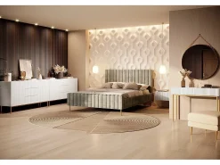 Aparador blanco con 2 puertas y 3 cajones centrales con pie de metal dorado 150x45 cm