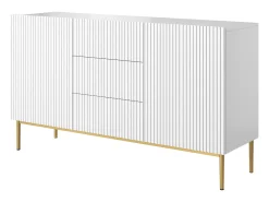 Aparador blanco con 2 puertas y 3 cajones centrales con pie de metal dorado 150x45 cm
