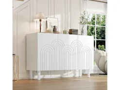 Aparador blanco con 3 puertas texturizadas y estantes regulables, patas cilíndricas - MDF