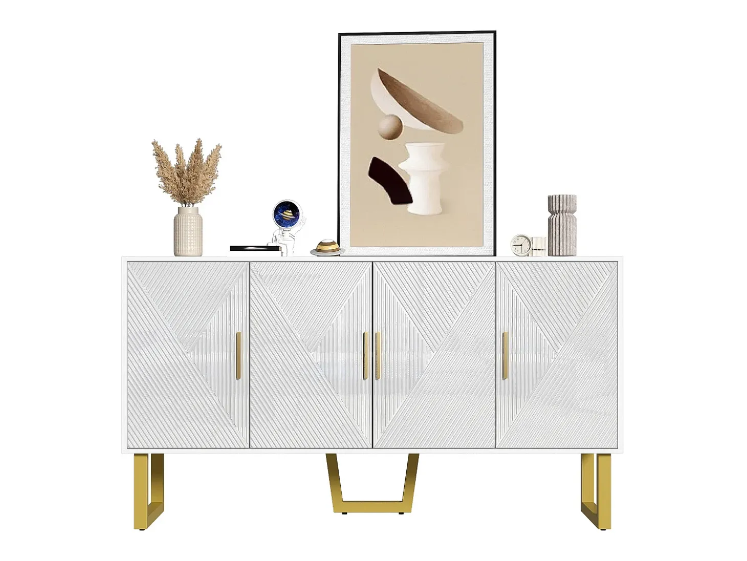 Aparador blanco con 4 puertas texturizadas - Estantes regulables 150x40x82 cm