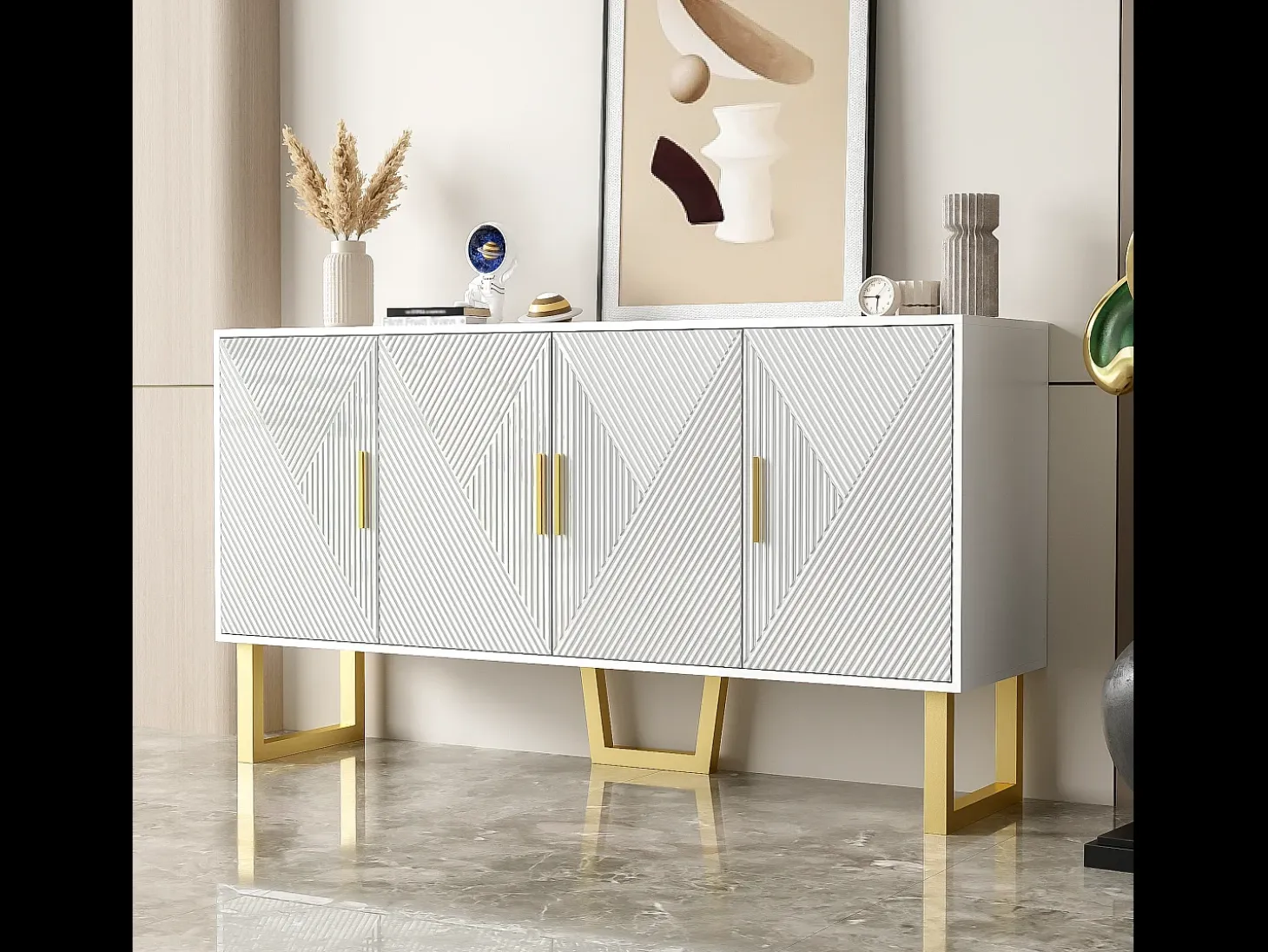 Aparador blanco con 4 puertas texturizadas - Estantes regulables 150x40x82 cm