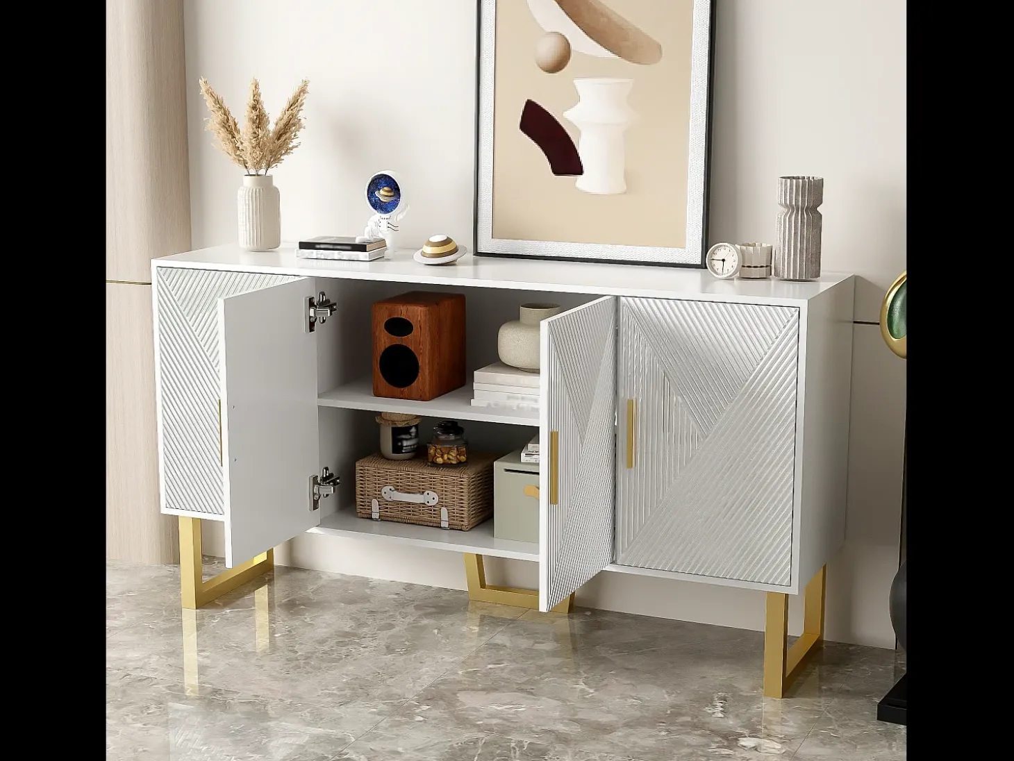 Aparador blanco con 4 puertas texturizadas - Estantes regulables 150x40x82 cm