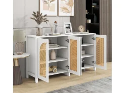 Aparador blanco con 4 puertas de ratán y estantes regulables, tiradores de metal, para salón y comedor