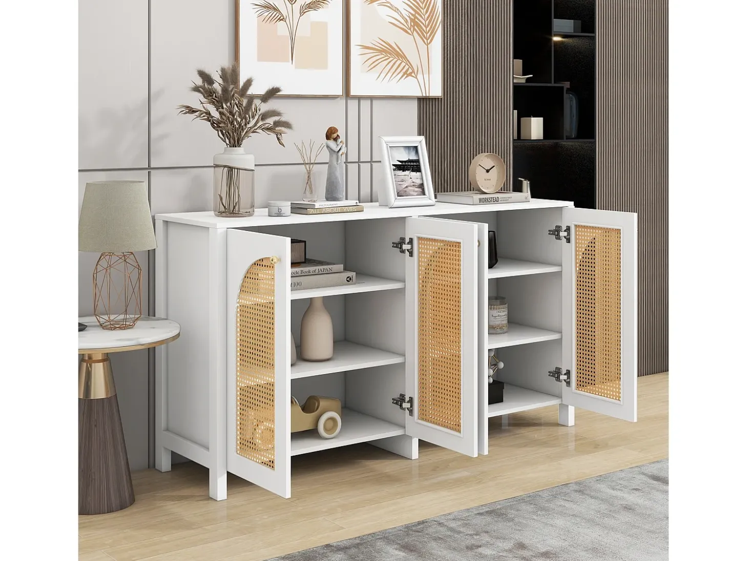 Aparador blanco con 4 puertas de ratán y estantes regulables, tiradores de metal, para salón y comedor