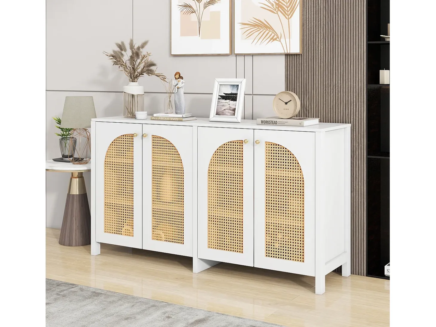 Aparador blanco con 4 puertas de ratán y estantes regulables, tiradores de metal, para salón y comedor