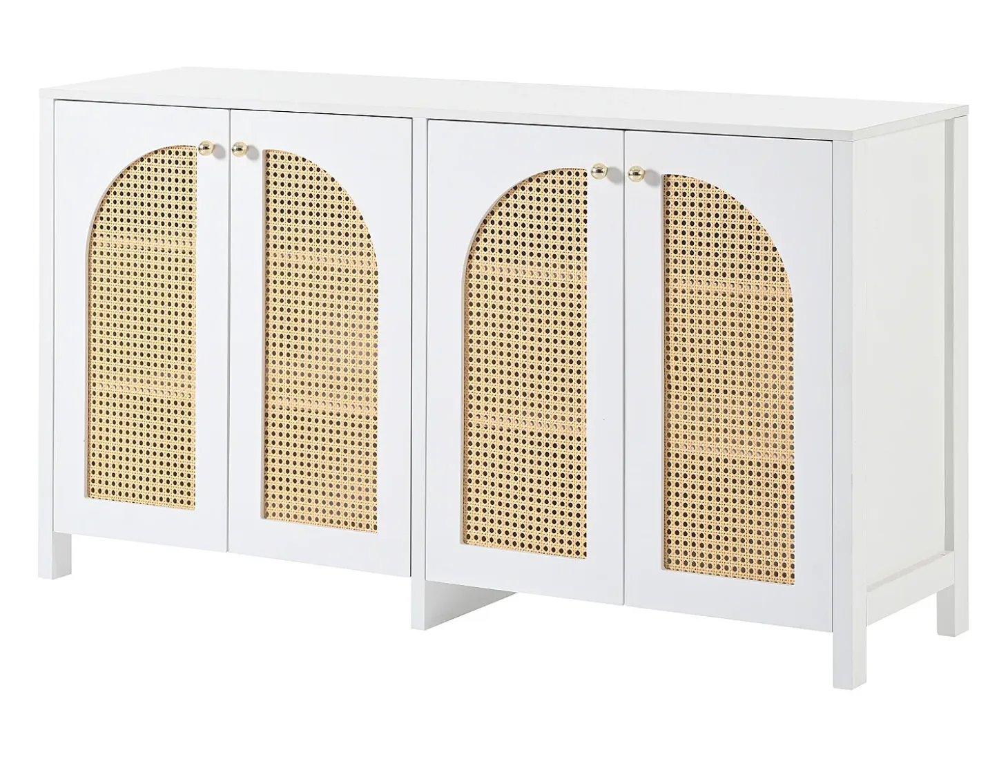 Aparador blanco con 4 puertas de ratán y estantes regulables, tiradores de metal, para salón y comedor