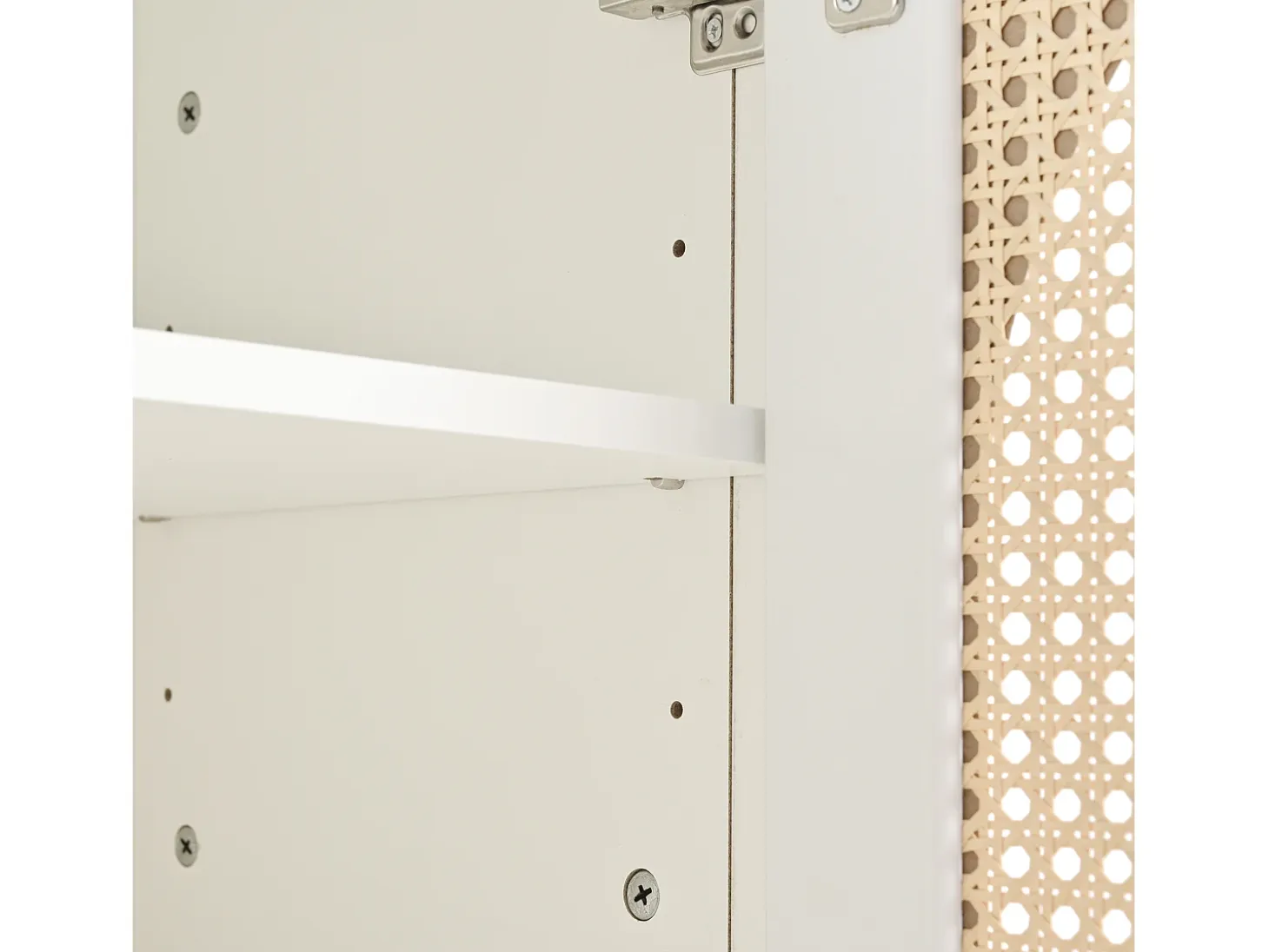 Aparador blanco con 4 puertas de ratán y estantes regulables, tiradores de metal, para salón y comedor