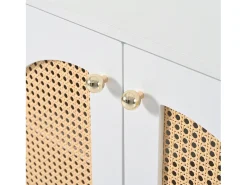 Aparador blanco con 4 puertas de ratán y estantes regulables, tiradores de metal, para salón y comedor