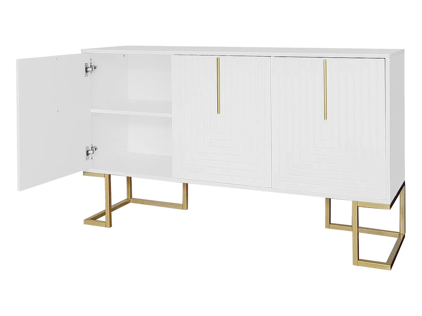 Aparador blanco con 3 puertas, estantes regulables, patas doradas, 138x40x80,5cm