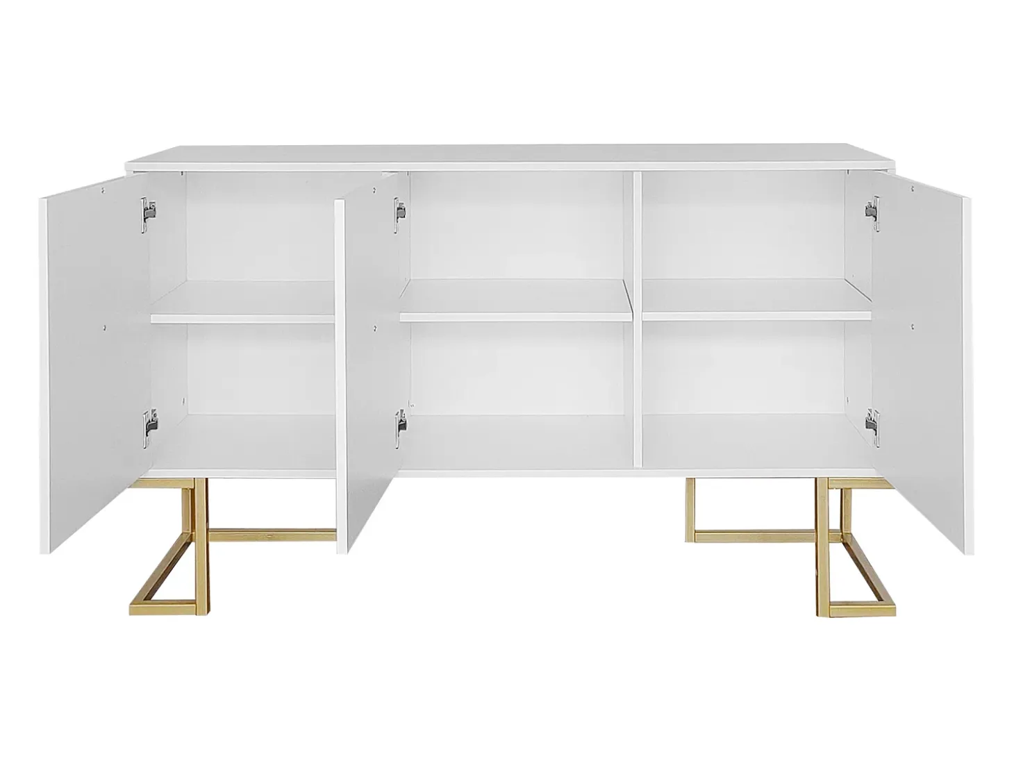 Aparador blanco con 3 puertas, estantes regulables, patas doradas, 138x40x80,5cm
