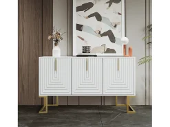 Aparador blanco con 3 puertas, estantes regulables, patas doradas, 138x40x80,5cm