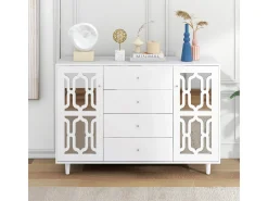 Aparador blanco con espejo y tiradores de cristal, para salón y comedor, 147,5 x 40 x 102 cm