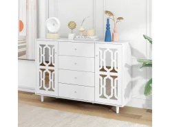 Aparador blanco con espejo y tiradores de cristal, para salón y comedor, 147,5 x 40 x 102 cm