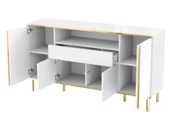 Aparador blanco de cuatro puertas y dos cajones, moderno mueble con luces LED.
