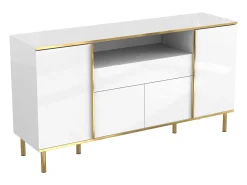 Aparador blanco de cuatro puertas y dos cajones, moderno mueble con luces LED.