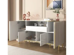 Aparador blanco de cuatro puertas y dos cajones, moderno mueble con luces LED.