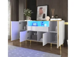 Aparador blanco de cuatro puertas y dos cajones, moderno mueble con luces LED.