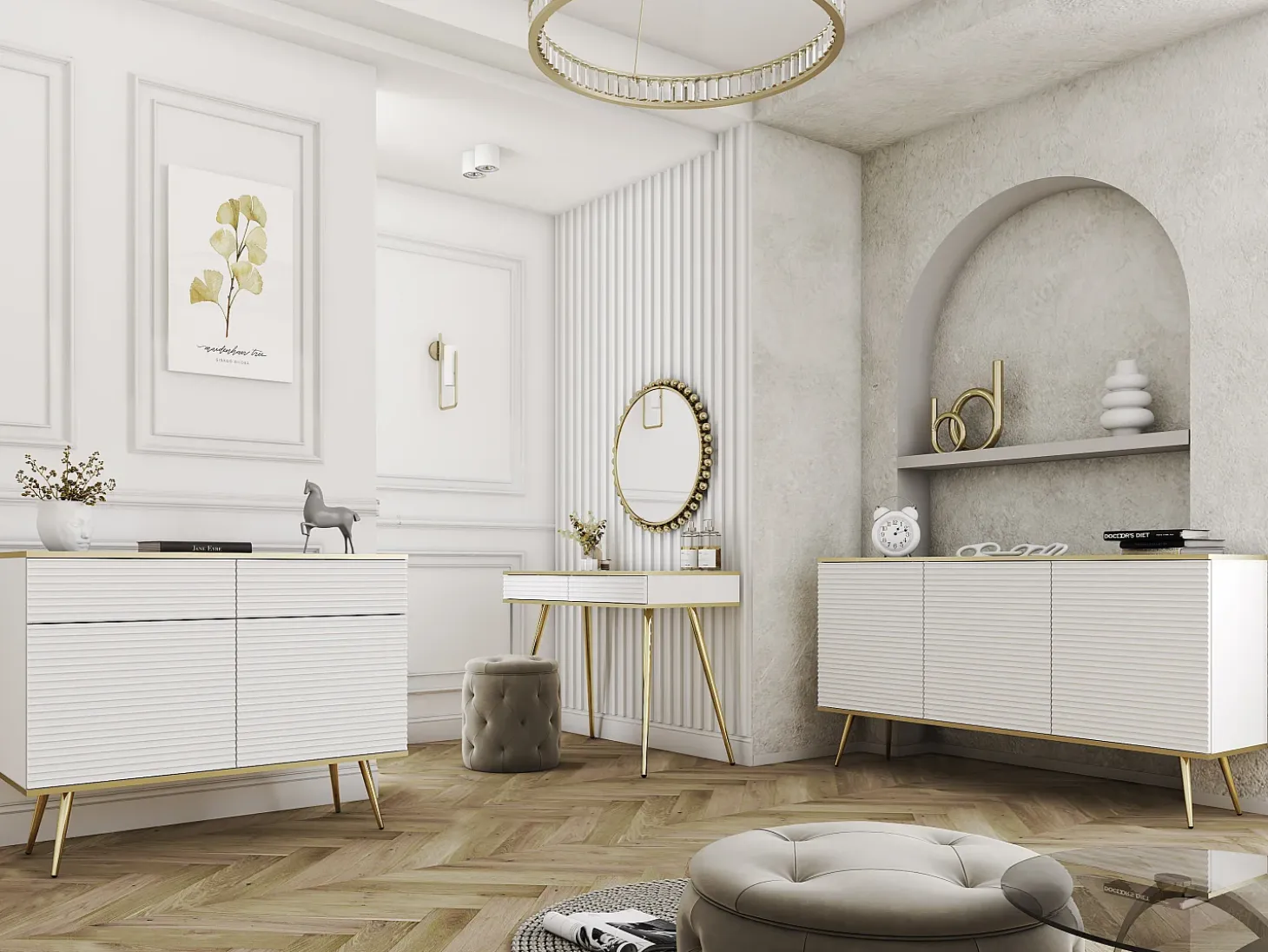 Aparador blanco glamuroso con patas doradas, 107 x 85 x 39
