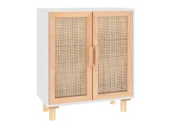Aparador blanco madera pino maciza y ratán natural 60x30x70 cm ES28650