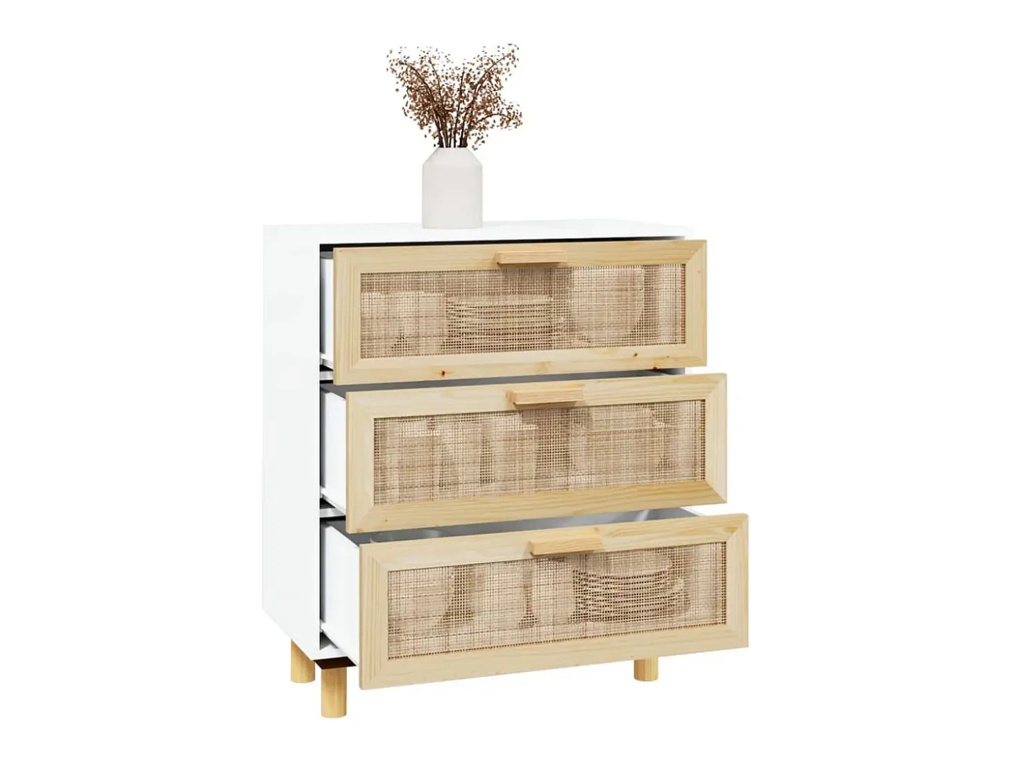 Aparador blanco madera pino maciza y ratán natural 60x30x70 cm
