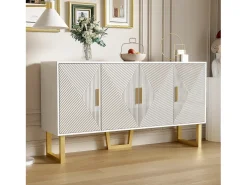 Aparador blanco moderno con 4 puertas texturizadas, frente brillante y tiradores dorados.