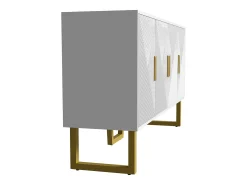 Aparador blanco moderno con 4 puertas texturizadas, frente brillante y tiradores dorados.