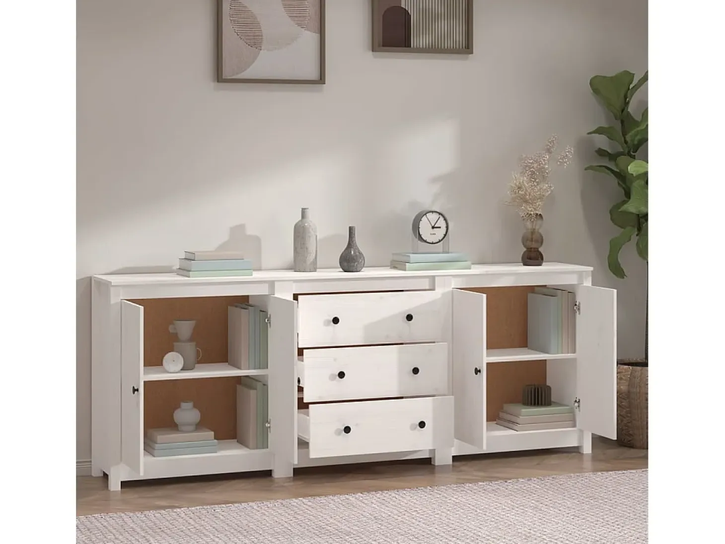 Aparador Blanco 210x35x80 cm Madera Maciza de Pino