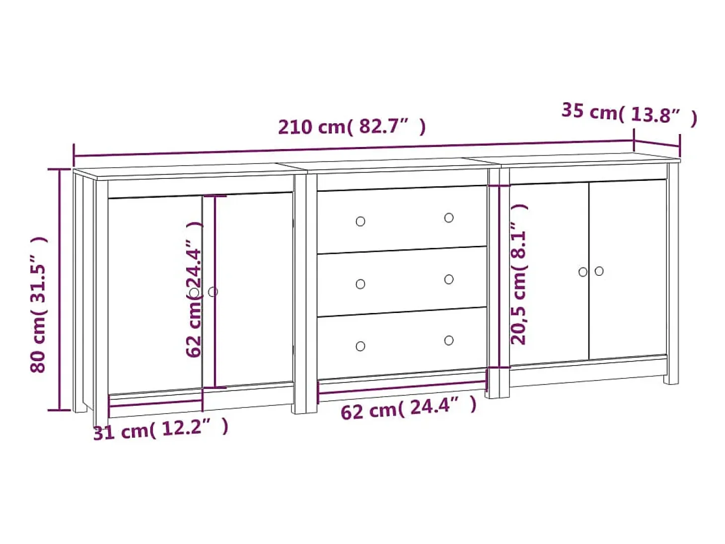 Aparador Blanco 210x35x80 cm Madera Maciza de Pino