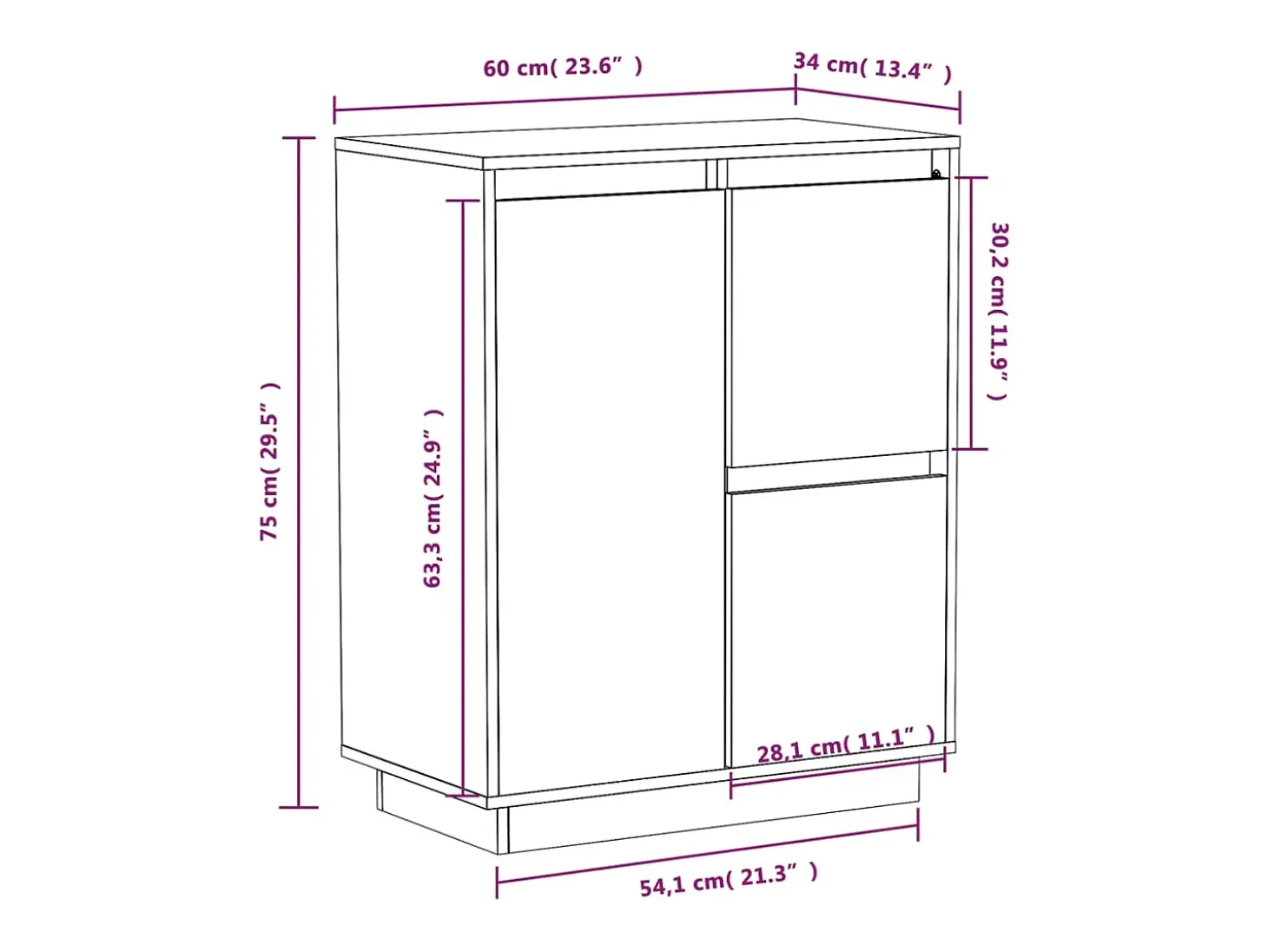 Aparador Blanco 60x34x75 cm Madera Maciza de Pino
