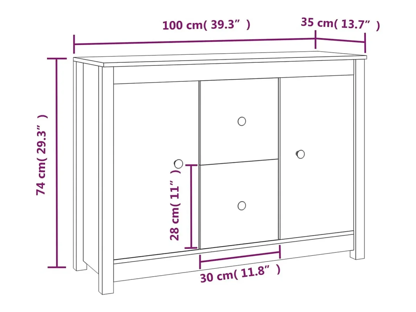 Aparador Blanco 100x35x74 cm Madera Maciza de Pino