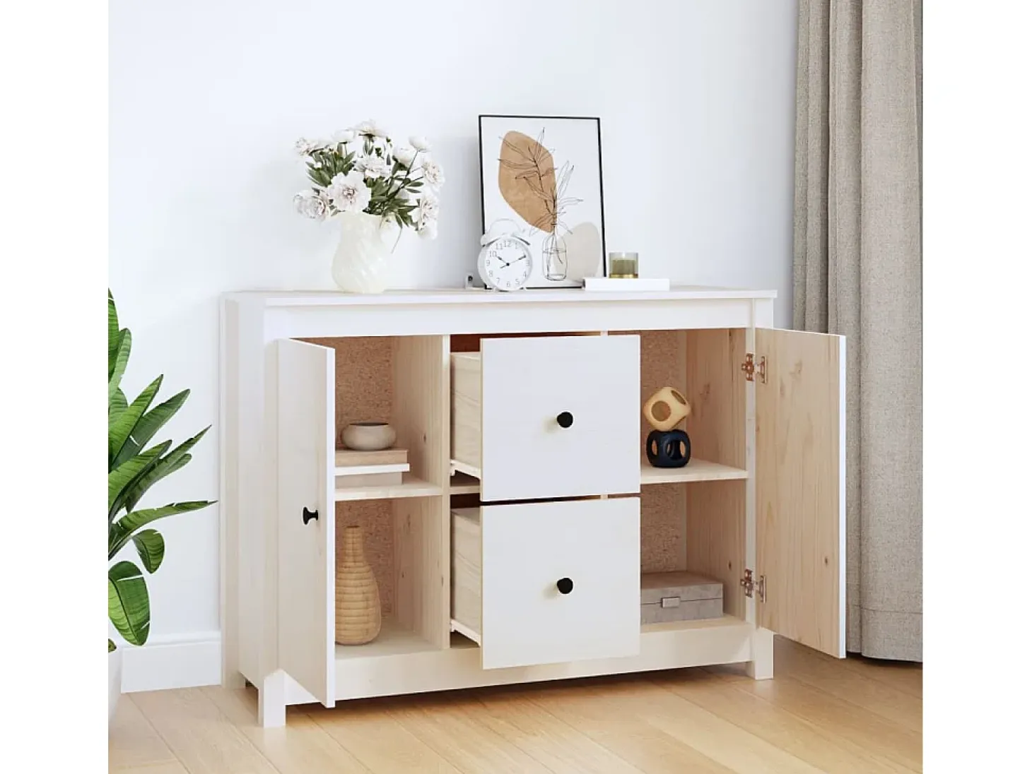 Aparador Blanco 100x35x74 cm Madera Maciza de Pino