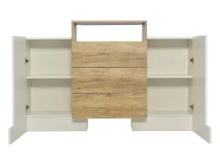 Aparador Blanco y Madera con Luz LED, Aparador de Salón con 2 Puertas y 3 Cajones