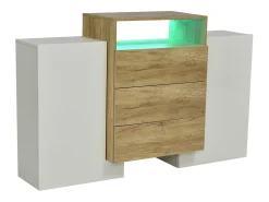 Aparador blanco y madera con luz LED, aparador de salón con 2 puertas y 3 cajones