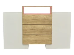 Aparador blanco y madera con luz LED, aparador de salón con 2 puertas y 3 cajones