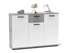 Aparador Bosco 3 puertas 1 cajón, mueble con almacenamiento de salón color Cemento y Blanco 120 cm