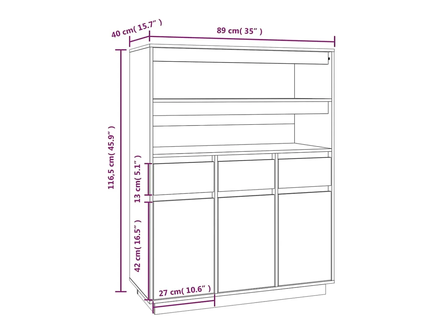 Aparador buffet cómoda armario mueble organizador cocina salón salón alto 89 x 40 x 116,5 cm madera maciza de pino marrón 02_0034760