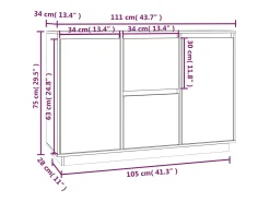Aparador buffet cómoda armario unidad de almacenamiento organizador cocina salón salón 111 x 34 x 75 cm madera maciza de pino negro 02_0035845