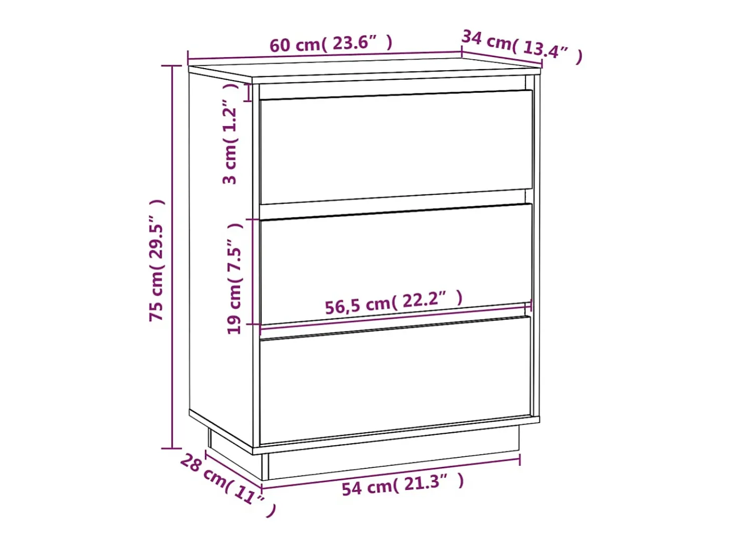 Aparador buffet cómoda armario unidad de almacenamiento organizador cocina salón salón 60 x 34 x 75 cm madera maciza de pino blanco 02_0030349