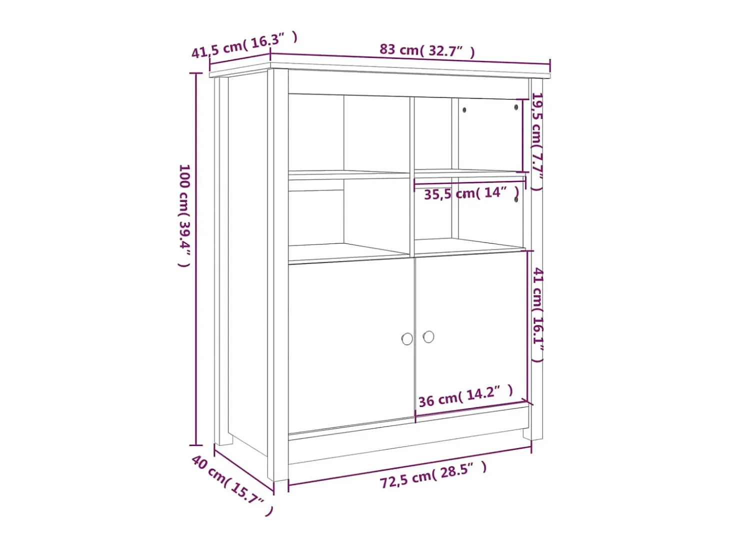 Aparador buffet cómoda armario unidad de almacenamiento organizador cocina salón salón 83 x 41,5 x 100 cm madera maciza de pino negro 02_0036139