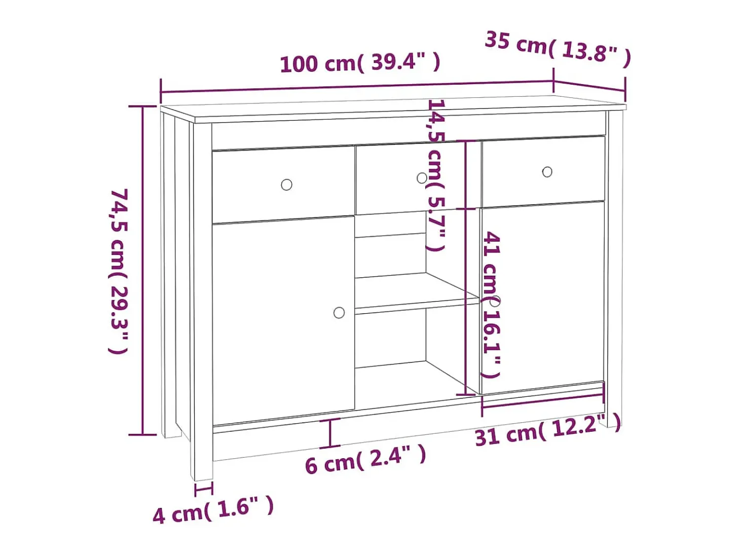 Aparador buffet cómoda armario mueble organizador cocina salón salón 100 x 35 x 74,5 cm madera maciza de pino negro 02_0035794