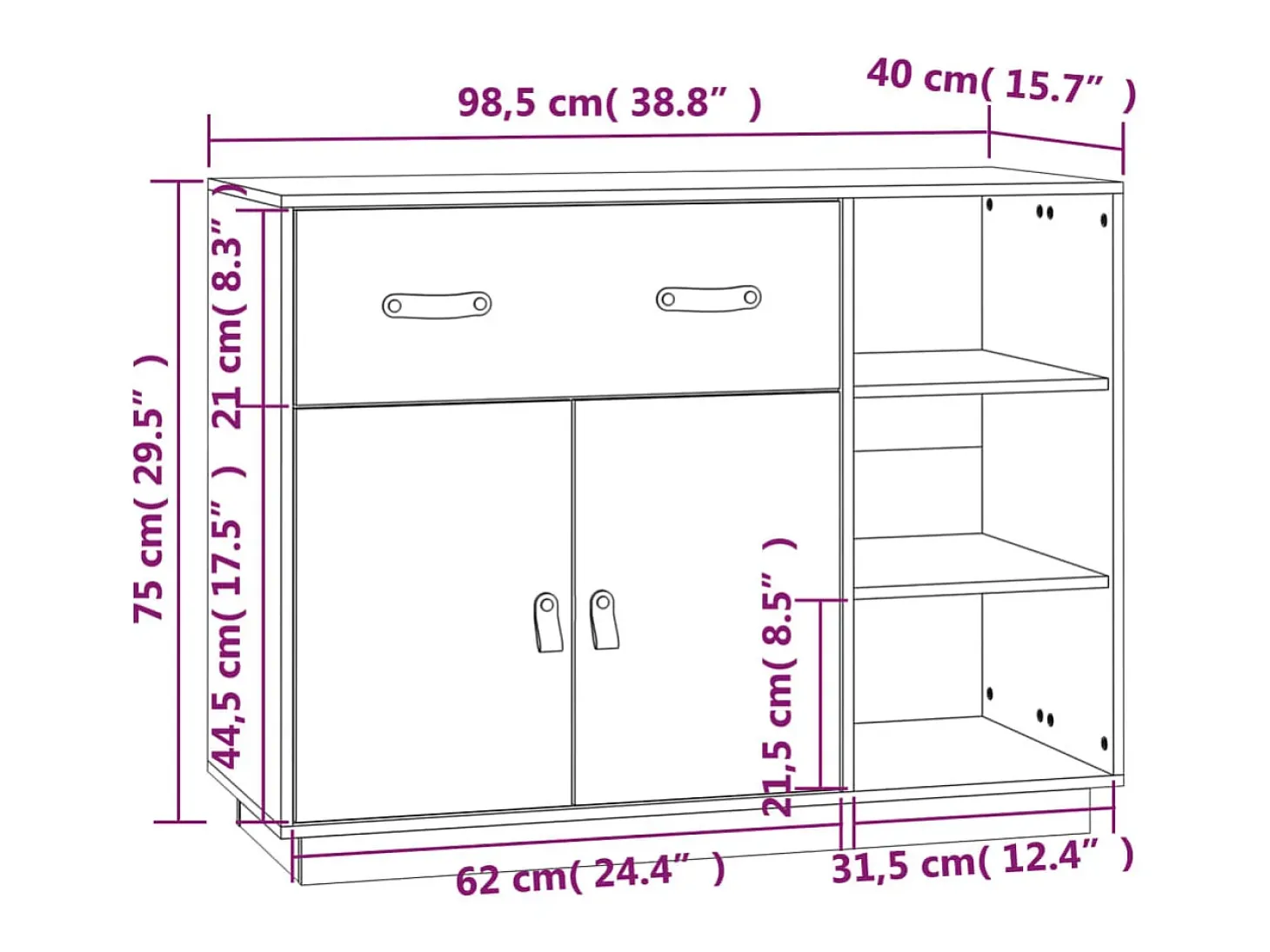 Aparador buffet cómoda armario mueble organizador cocina salón salón 98,5 x 40 x 75 cm madera maciza de pino marrón 02_0035769