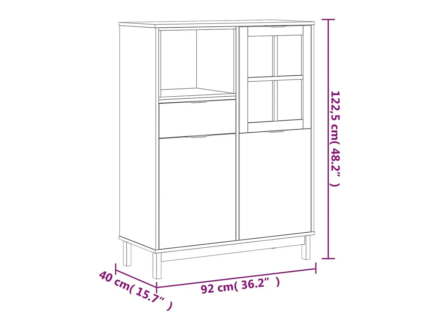 Aparador buffet cómoda armario mueble organizador cocina salón salón con puerta de cristal FLAm 92 x 40 x 122,5 cm madera maciza de pino marrón 02_0030105