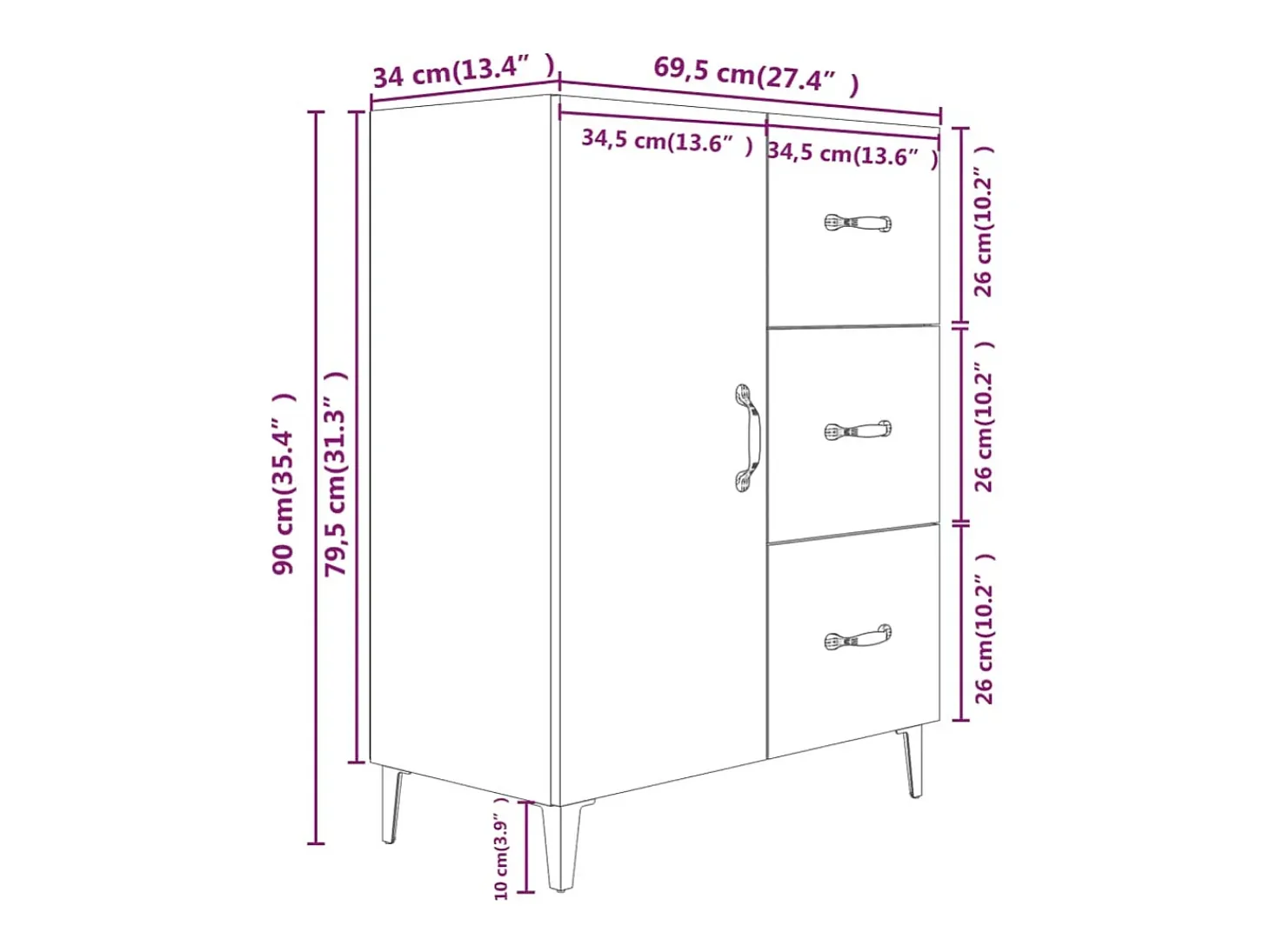 Aparador buffet cómoda armario unidad de almacenamiento organizador cocina salón salón Sonoma 69,5 x 34 x 90 cm madera contrachapada marrón 02_0031655