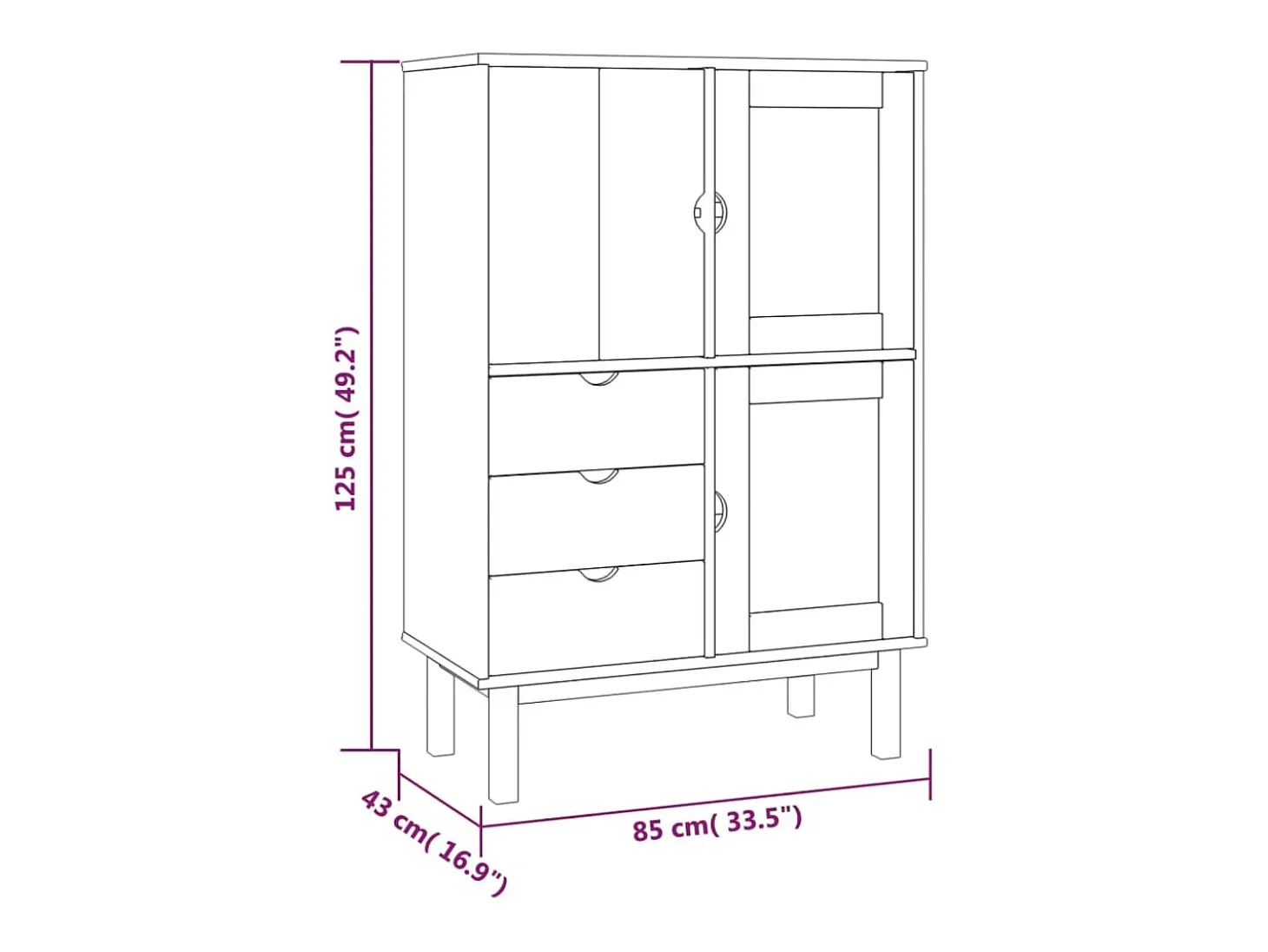 Aparador buffet cómoda armario mueble organizador cocina salón salón alto 85 x 43 x 125 cm madera maciza de pino marrón 02_0035150