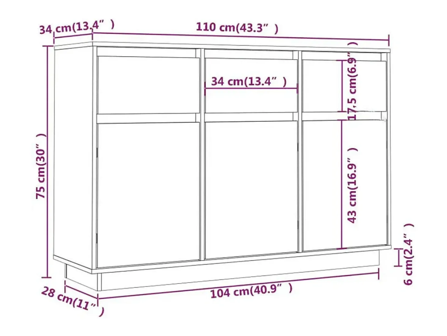 Aparador buffet cómoda armario mueble organizador cocina salón salón 110 x 34 x 75 cm madera maciza de pino marrón 02_0029515