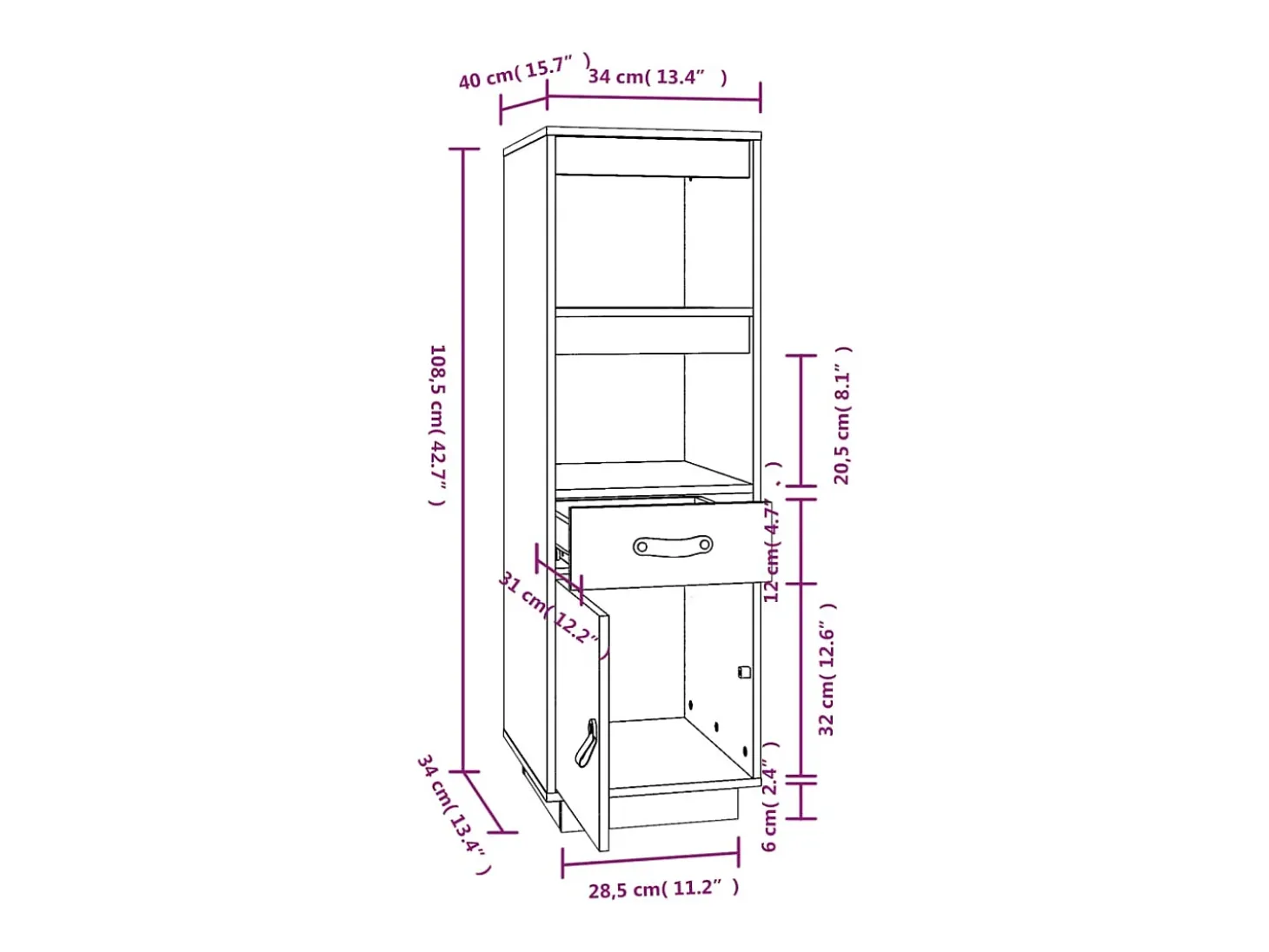 Aparador buffet cómoda armario mueble organizador cocina salón salón alto 34 x 40 x 108,5 cm madera maciza de pino negro 02_0034910