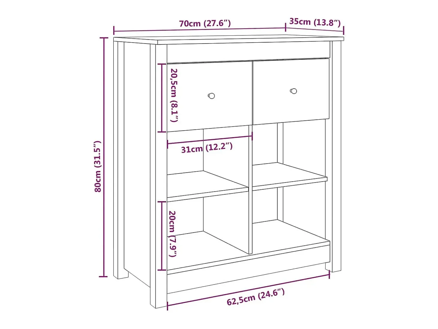 Aparador buffet cómoda armario mueble organizador cocina salón salón 70 x 35 x 80 cm madera maciza de pino marrón 02_0035761