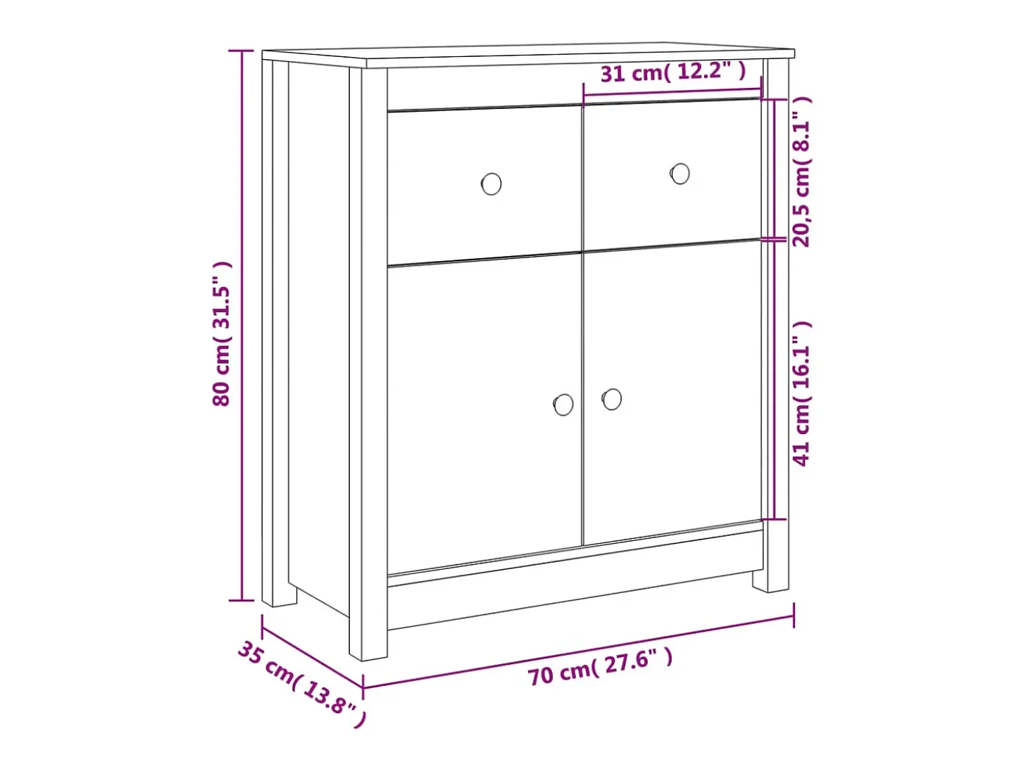 Aparador buffet cómoda armario mueble organizador cocina salón salón 70 x 35 x 80 cm madera maciza de pino blanco 02_0030491