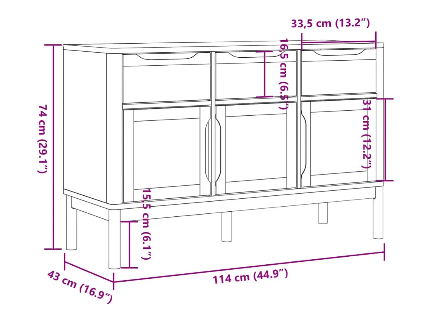 Aparador buffet cómoda mueble almacenaje organizador cocina salón salón FLORO 114 x 43 x 74 cm madera maciza de pino blanco 02_0031756